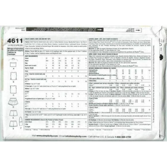 Simplicity Sewing Pattern 4611 Girls Shorts Skirt Tops Bag Size 5-8 - Picture 2 of 2